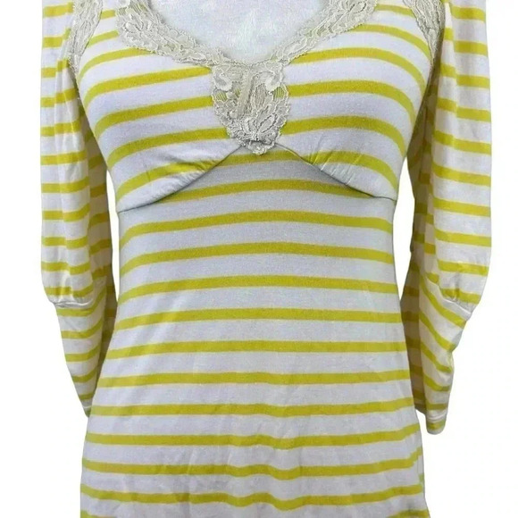 Free People yellow and white striped shirt with lace trim size small - Picture 4 of 10